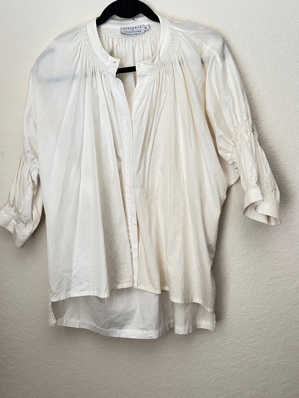 Harshman for Anthropologie Cream Smocked-Yoke Button Front Blouse